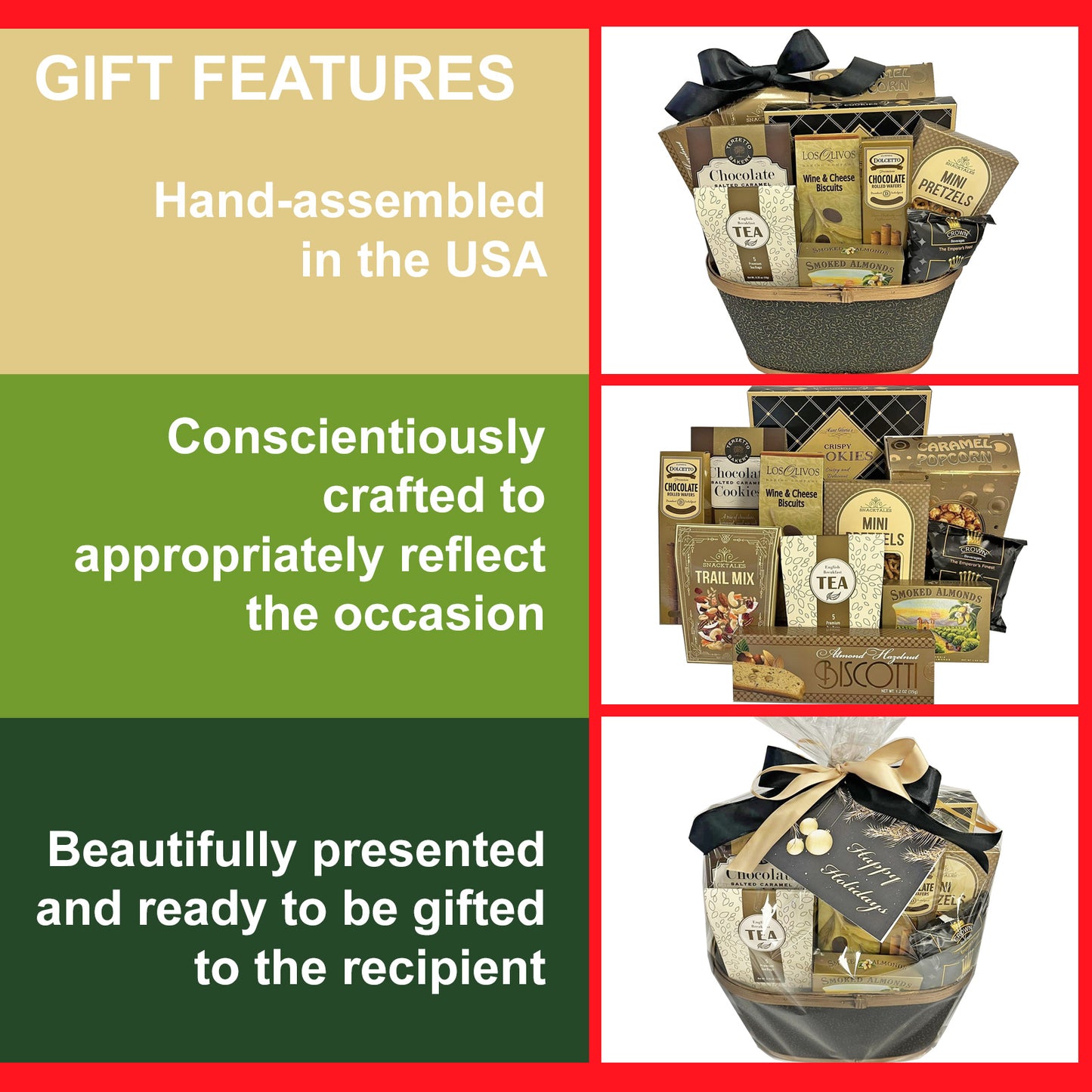Happy Holidays Elegant Gourmet Gift Basket for Christmas for Individuals or Couples