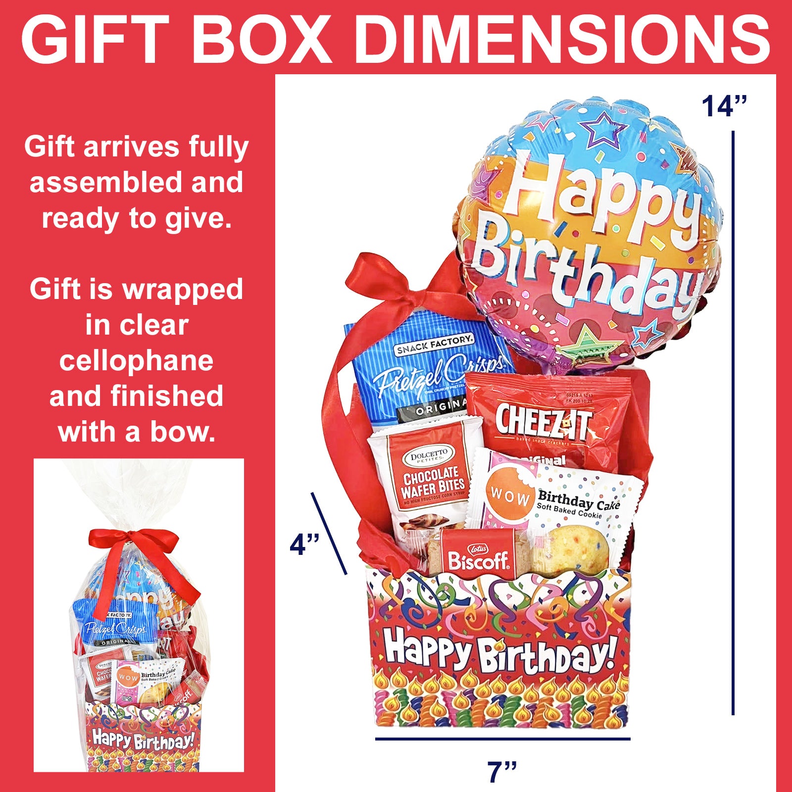 Birthday Gift Box with Cookies, Snacks, Happy Birthday Balloon for Men, Women, All Ages Unisex Birthday Gift Box with Treats for Him or Her, Boys and Girls on their Birthday