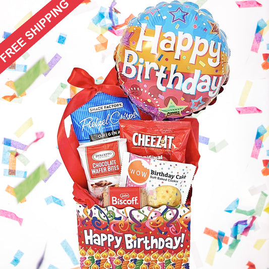 Birthday Gift Box with Cookies, Snacks, Happy Birthday Balloon for Men, Women, All Ages Unisex Birthday Gift Box with Treats for Him or Her, Boys and Girls on their Birthday