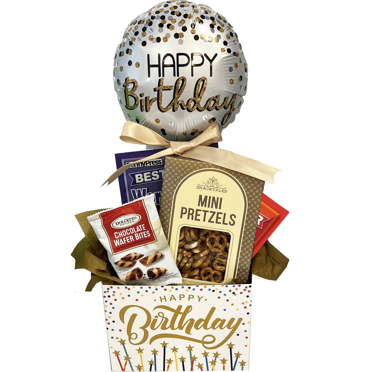 Birthday Gift Box with Snacks, Happy Birthday Balloon and Boredom Busters