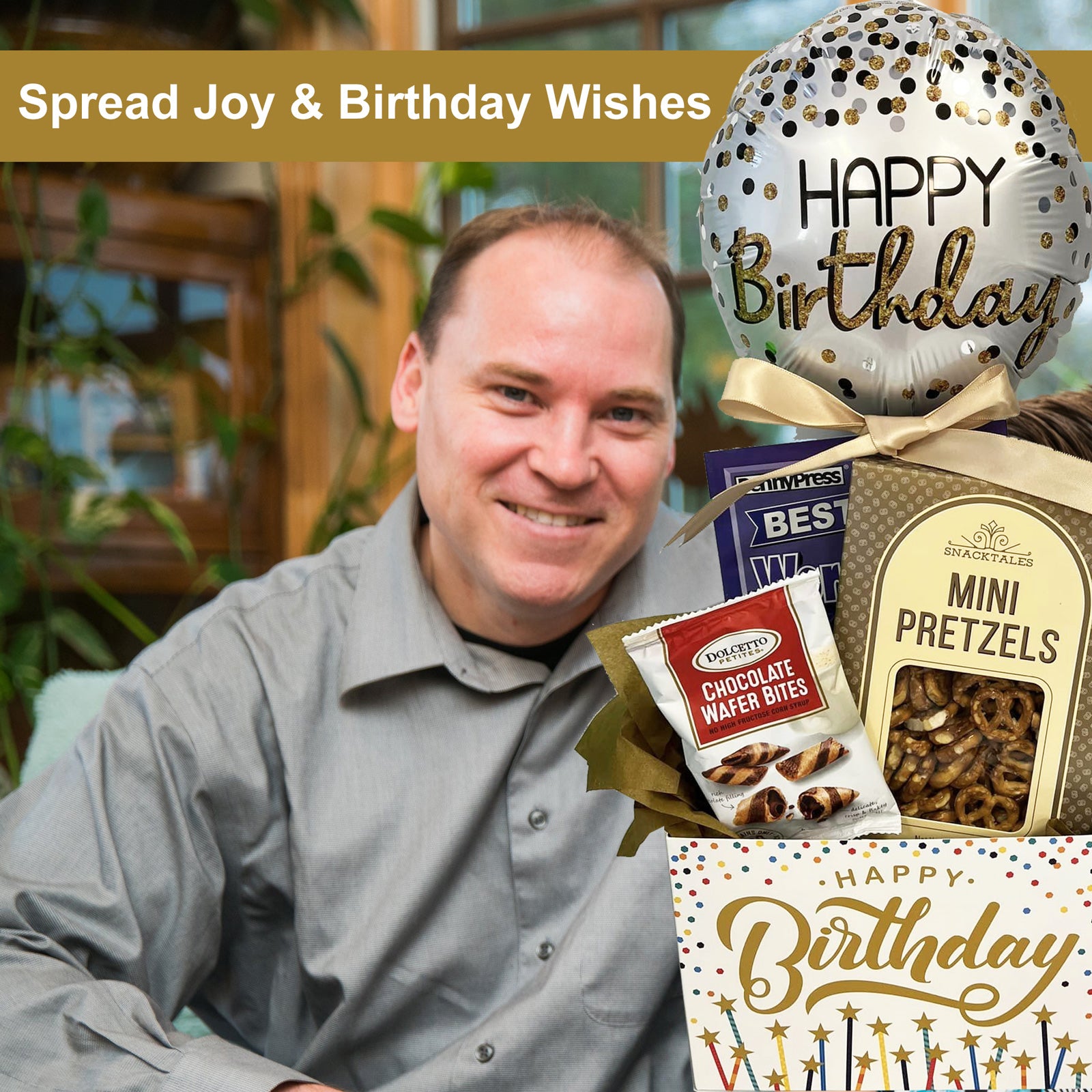 Birthday Gift Box with Snacks, Happy Birthday Balloon and Boredom Busters 