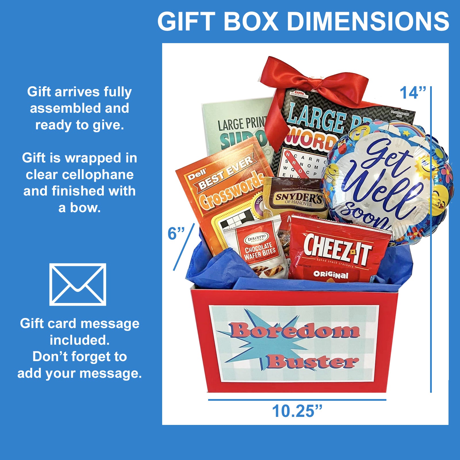 Boredom Buster Get Well Gift Box Enjoyable Get-Well Gift for Men, Women, Friends and Family with Snacks, Puzzle Books and Balloon