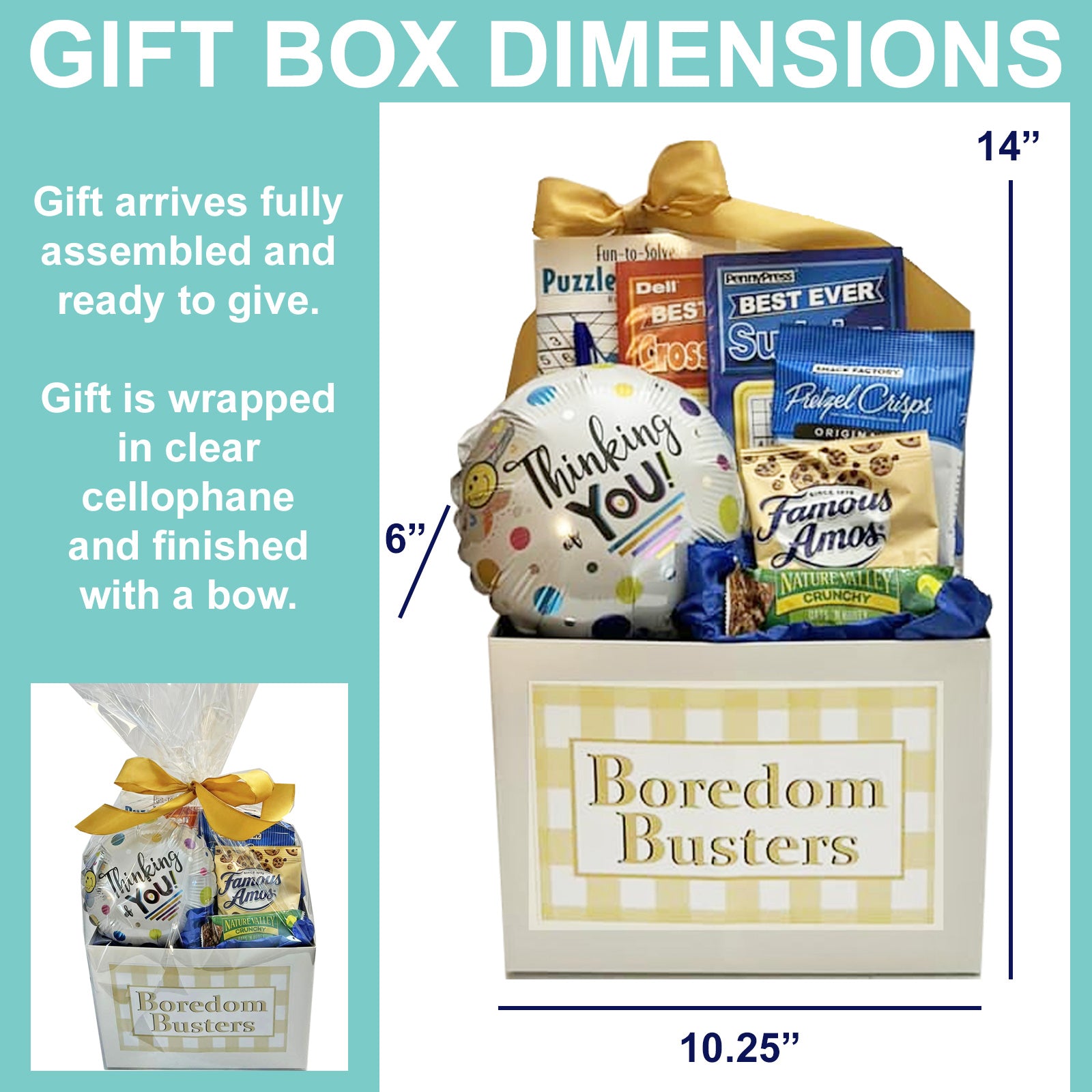 Boredom Buster Gift Box with Food and Puzzle Books for Adults Gift Basket Delivers Your Thinking of You, Happy Birthday or Get Well Soon Support to Men and Women