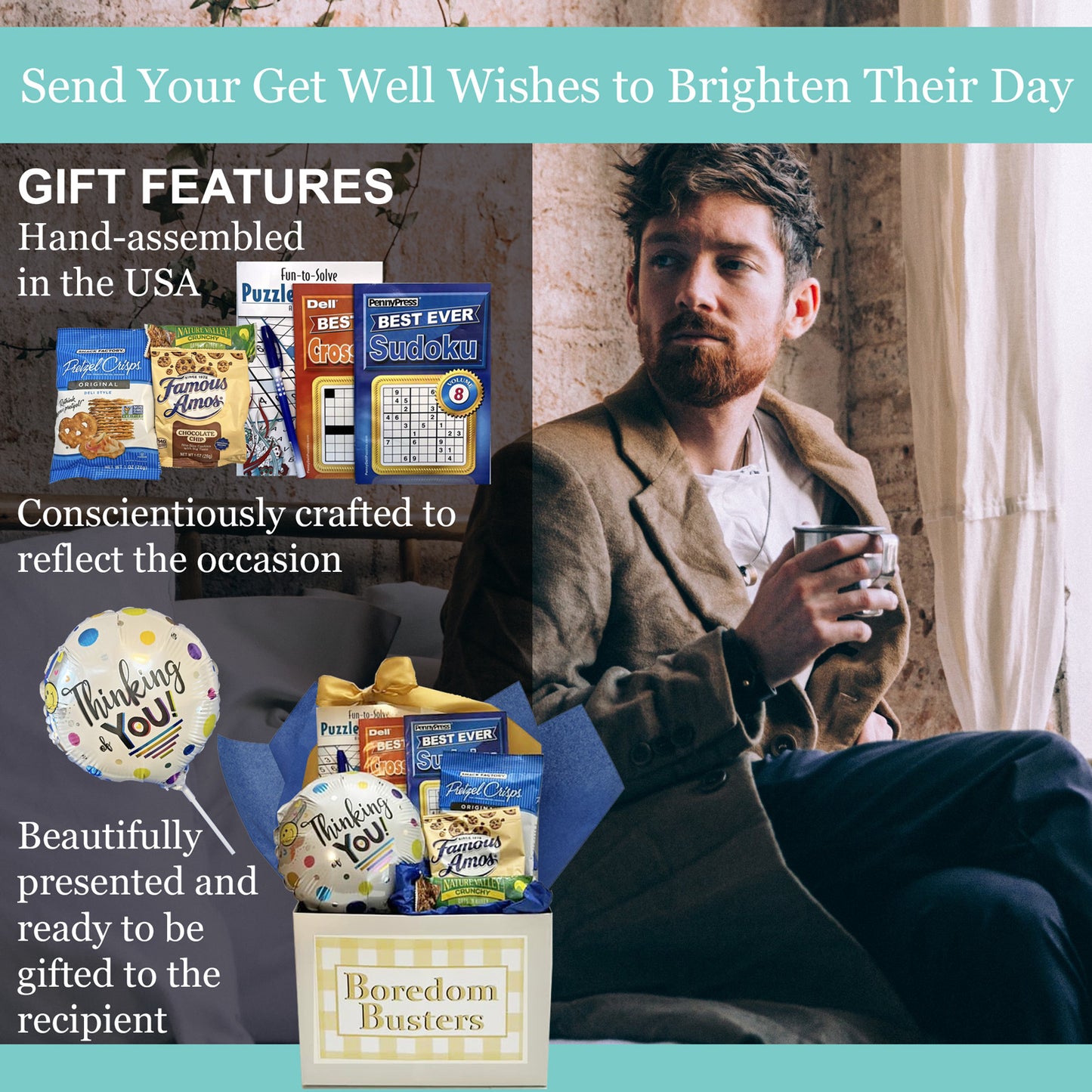 Boredom Buster Gift Box with Food and Puzzle Books for Adults Gift Basket Delivers Your Thinking of You, Happy Birthday or Get Well Soon Support to Men and Women