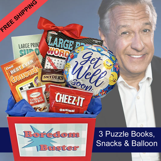 Get Well Soon Gift Box with Boredom Busters for Adults this Puzzle Book Gift Basket Delivers Your Get Well Soon Support to Men and Women it also Includes Feel Better Snacks and a Get Well Soon Balloon