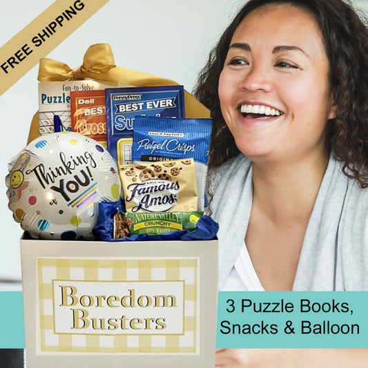 Boredom Buster Gift Box with Food and Puzzle Books for Adults Gift Basket Delivers Your Thinking of You, Happy Birthday or Get Well Soon Support to Men and Women