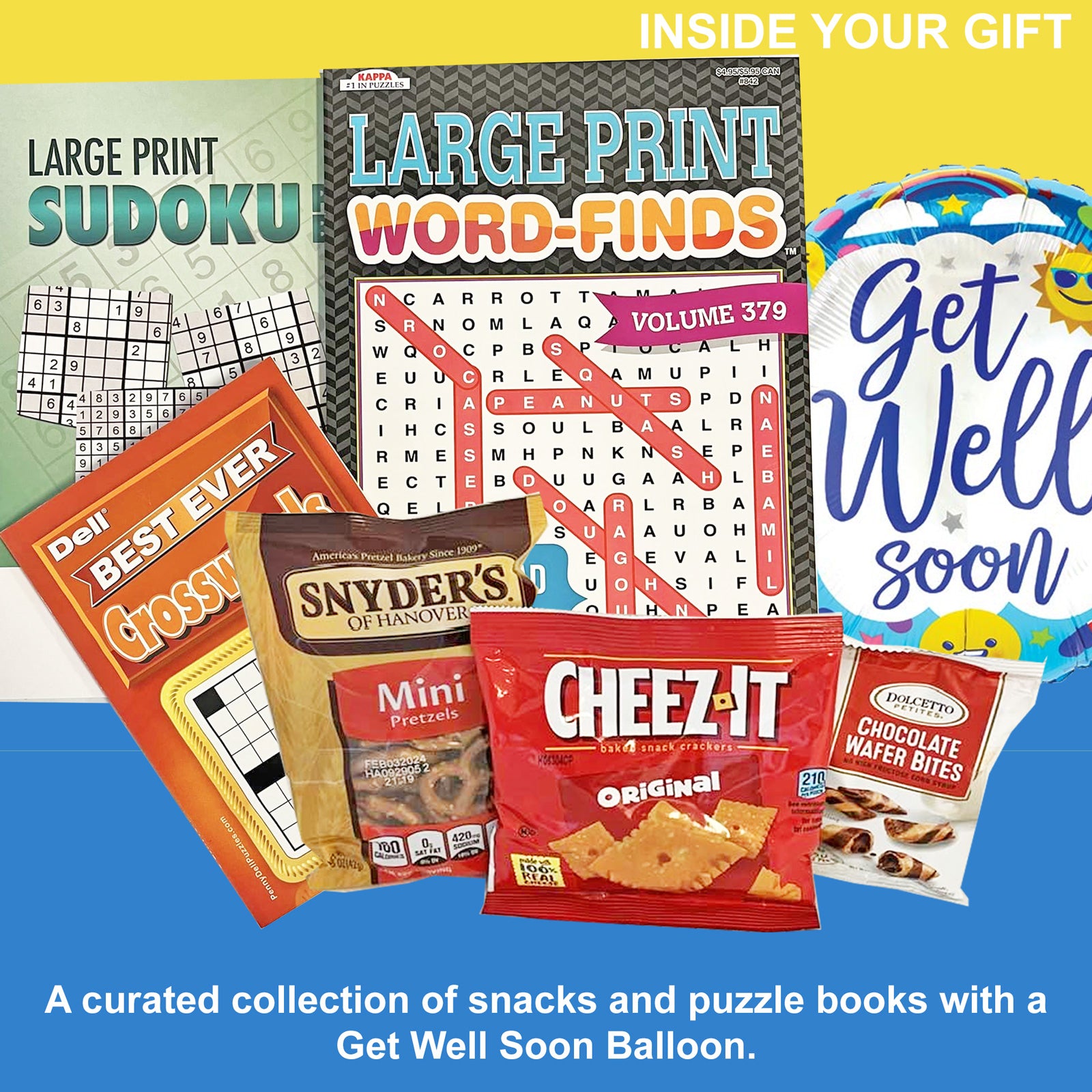 Boredom Buster Get Well Gift Box Enjoyable Get-Well Gift for Men, Women, Friends and Family with Snacks, Puzzle Books and Balloon