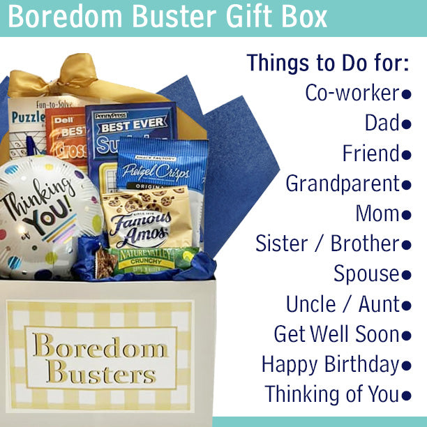 Boredom Buster Gift Box with Food and Puzzle Books for Adults Gift Basket Delivers Your Thinking of You, Happy Birthday or Get Well Soon Support to Men and Women