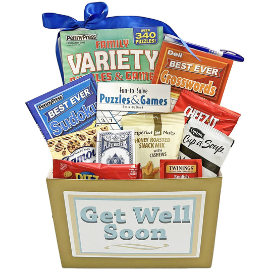 Comforting Get Well Gift Box with Puzzle Books and Snacks for Men and Women Teens to Adult