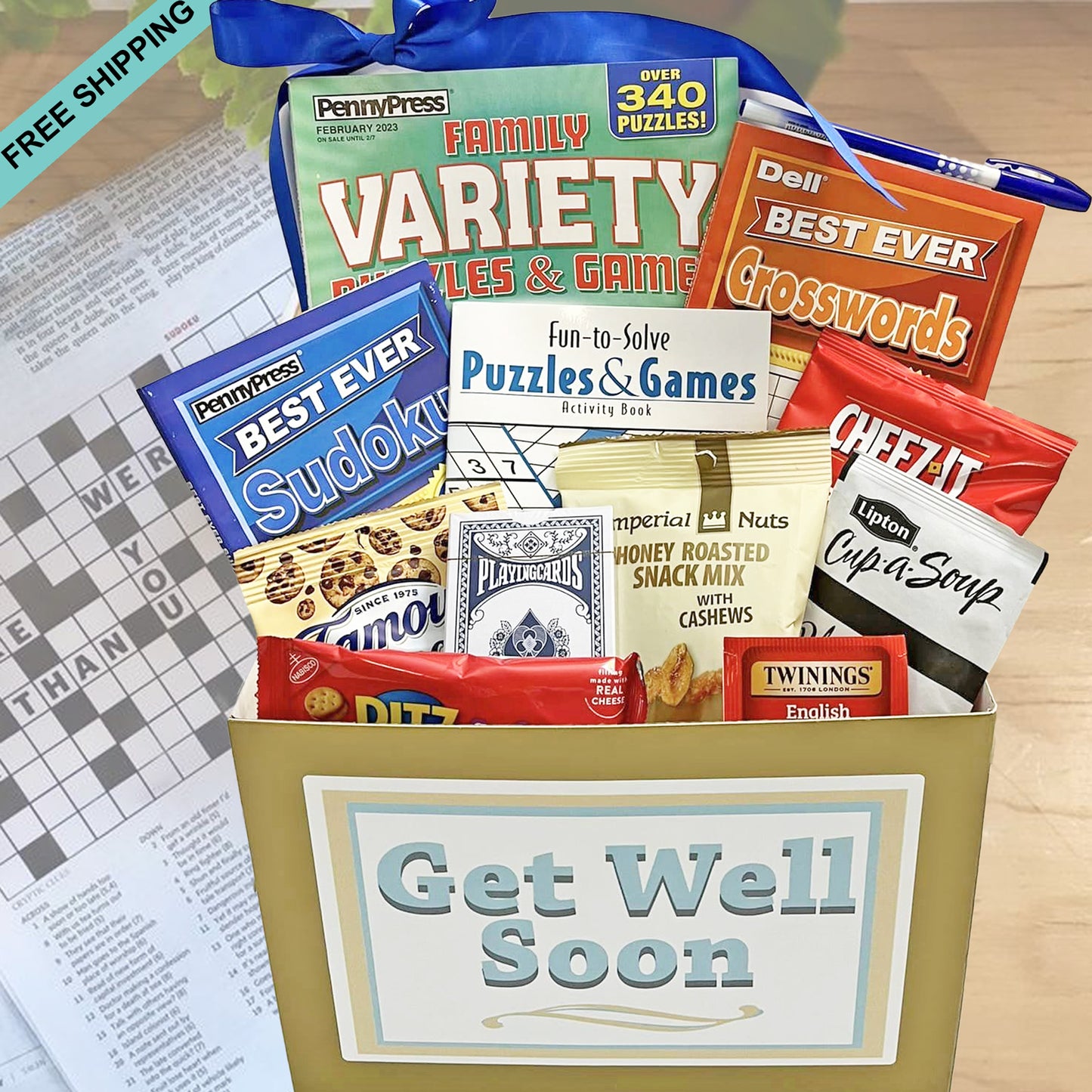 Comforting Get Well Gift Box for Men and Women send for Thinking of You Gift Basket with Food and Puzzle Books Fun Things To Do for After Surgery, Recovery, Illness