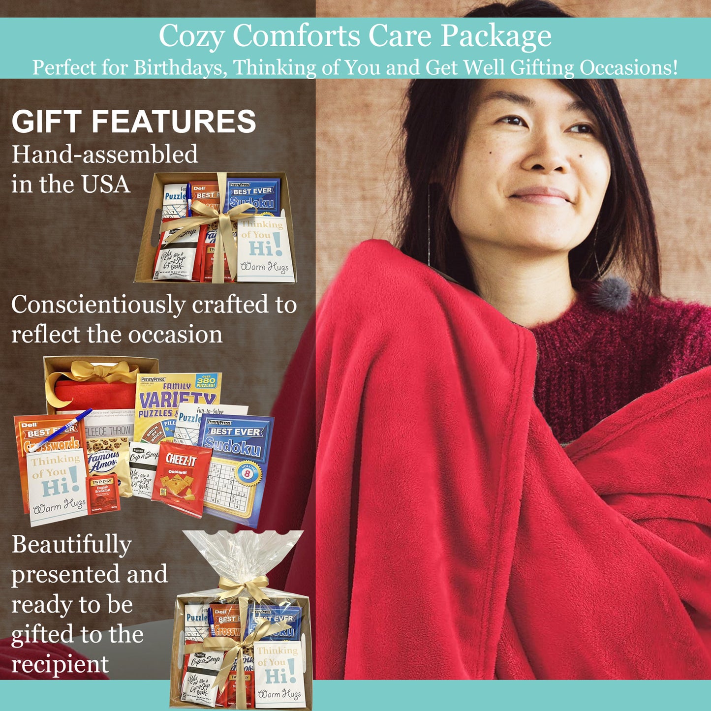 Cozy Comforts Care Package with Blanket, Puzzle Books and Snacks for Thinking of You, Birthday, Get Well Gifting Unisex Design for Men and Women