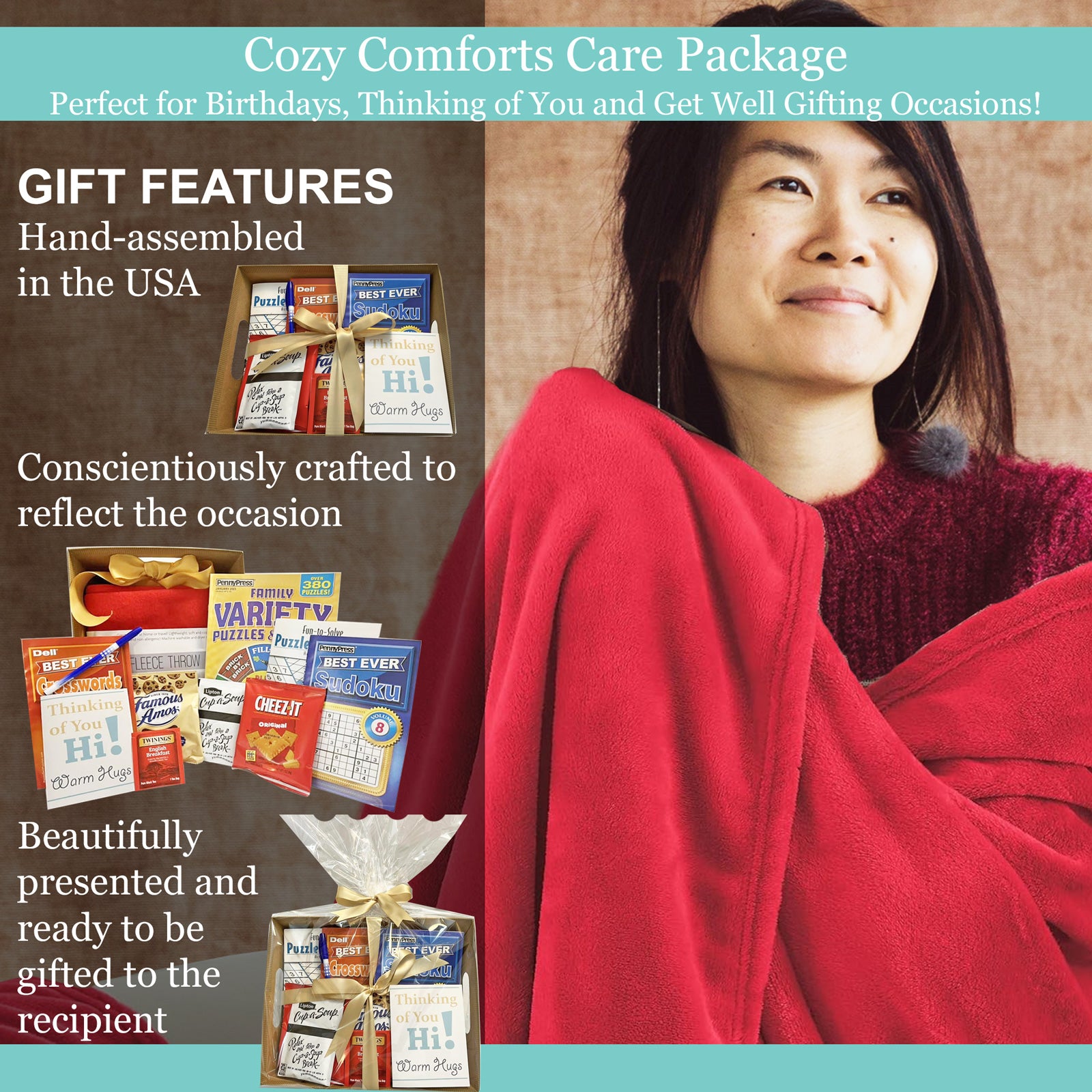 Cozy Comforts Care Package with Blanket, Puzzle Books and Snacks for Thinking of You, Birthday, Get Well Gifting Unisex Design for Men and Women