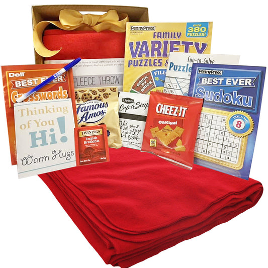 Cozy Comforts Care Package with Blanket, Puzzle Books and Snacks for Men and Women