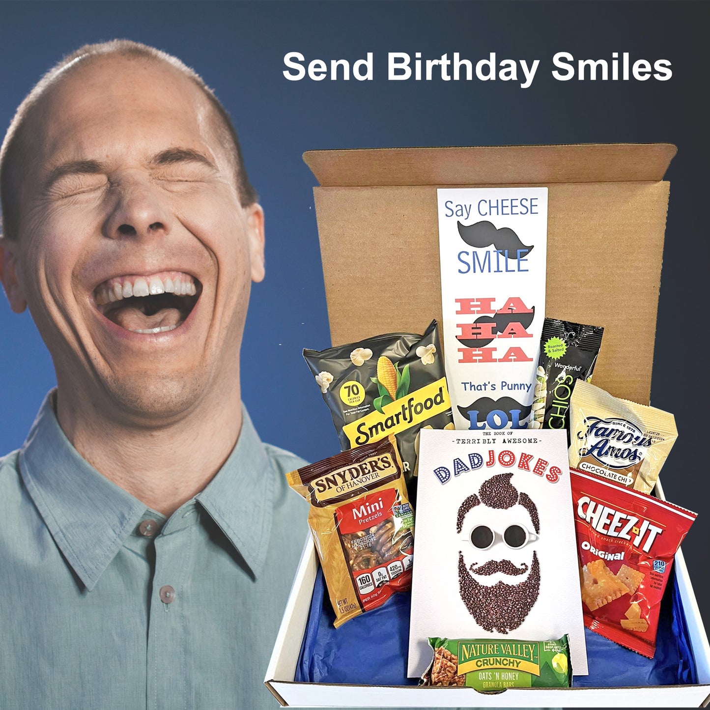 Dad Jokes Birthday Gift Box for Men Funny Men’s Birthday Gift with Joke Book and Snacks for His Birthday has Popcorn, Pretzels and Cookies for His Birthday Celebration