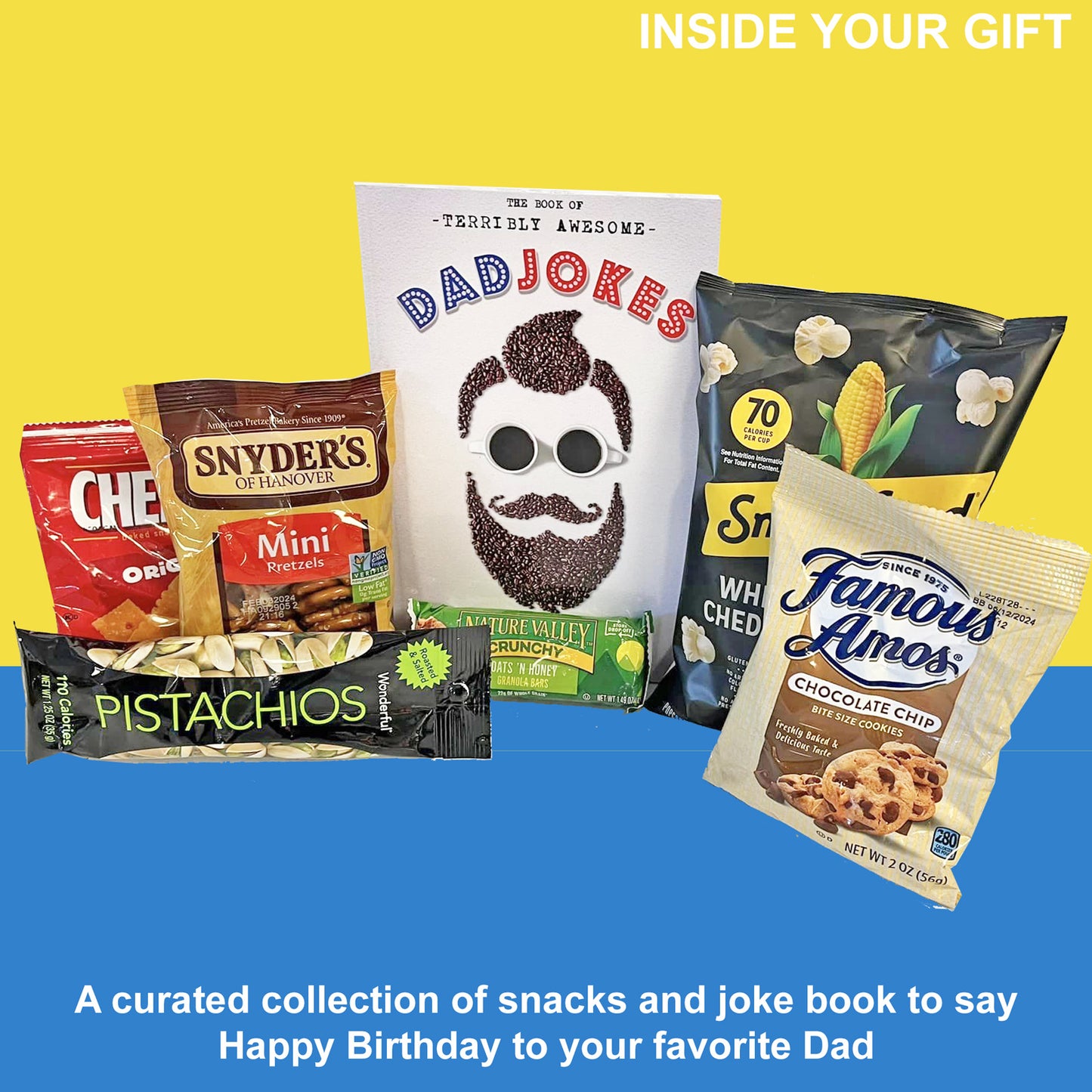 Dad Jokes Birthday Gift Box for Men Funny Men’s Birthday Gift with Joke Book and Snacks for His Birthday has Popcorn, Pretzels and Cookies for His Birthday Celebration