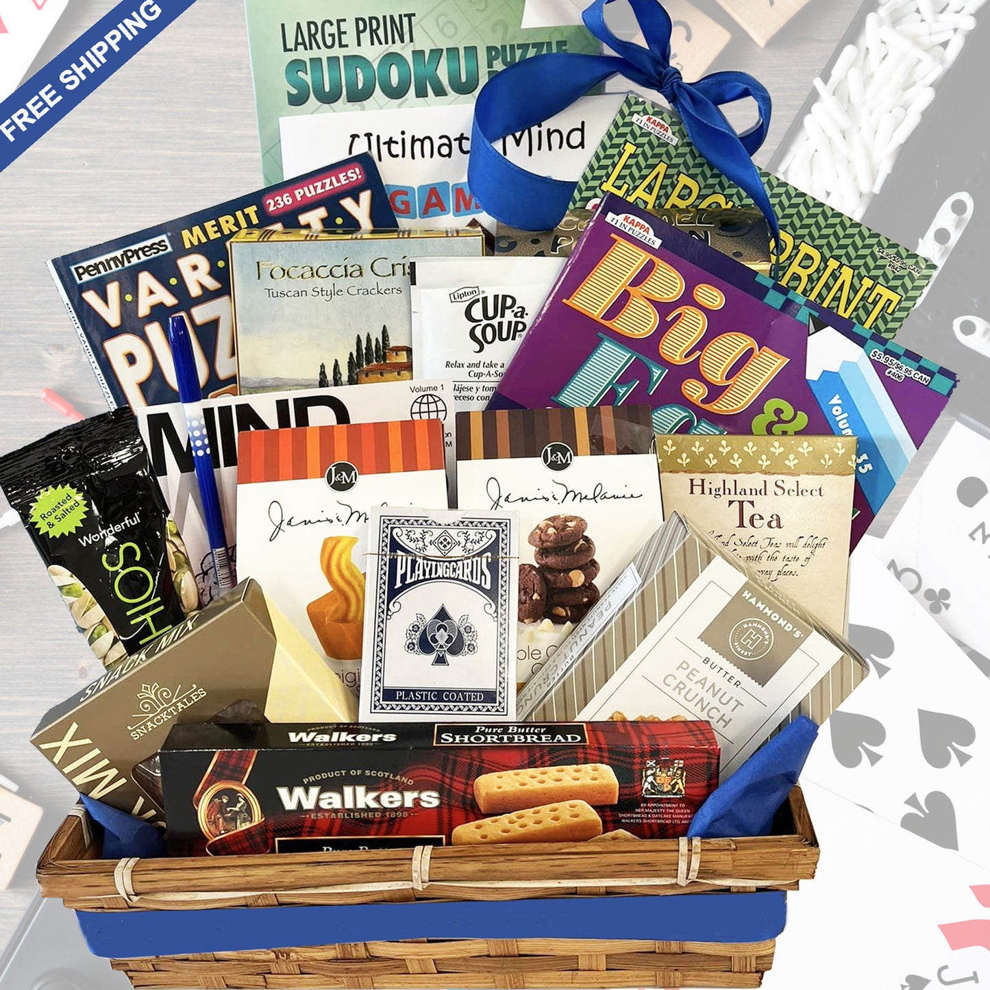 Entertainer Fun Gift Basket with Puzzle Books and Snacks for His or Her Birthday, Thinking of You, Retirement, Congratulations