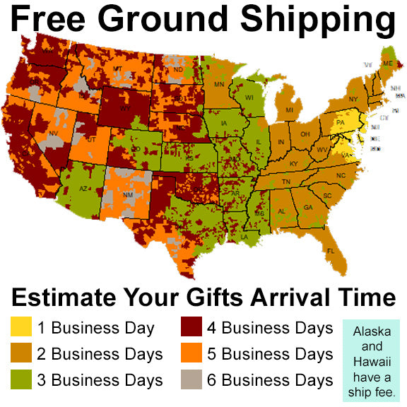 Gifts Fulfilled Free Ground Shipping 48 States of North America USA Estimate Gift Arrival Time Using Color Coded Map