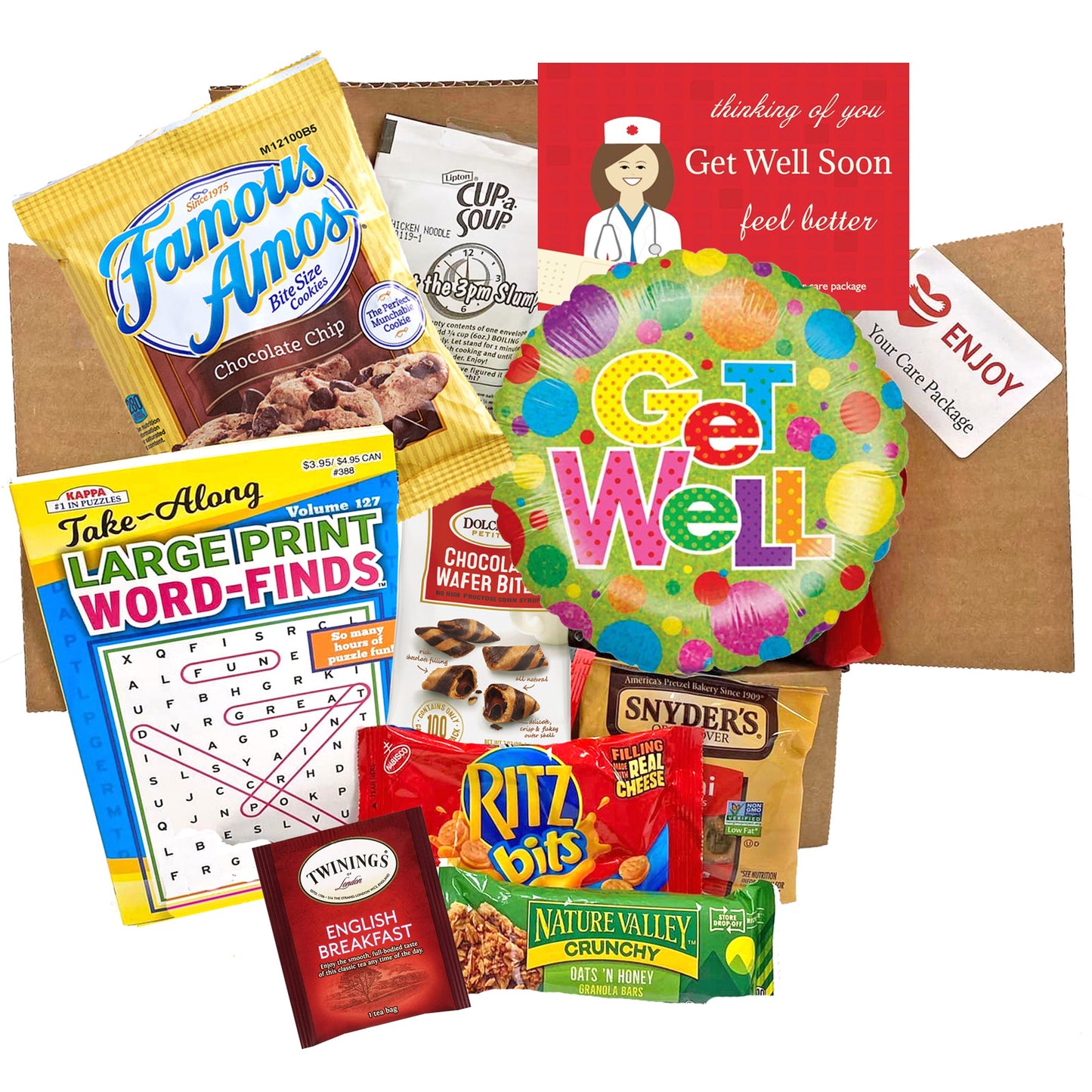 Get Well Care Package with Snacks and Word Seek Book for Men and for Women