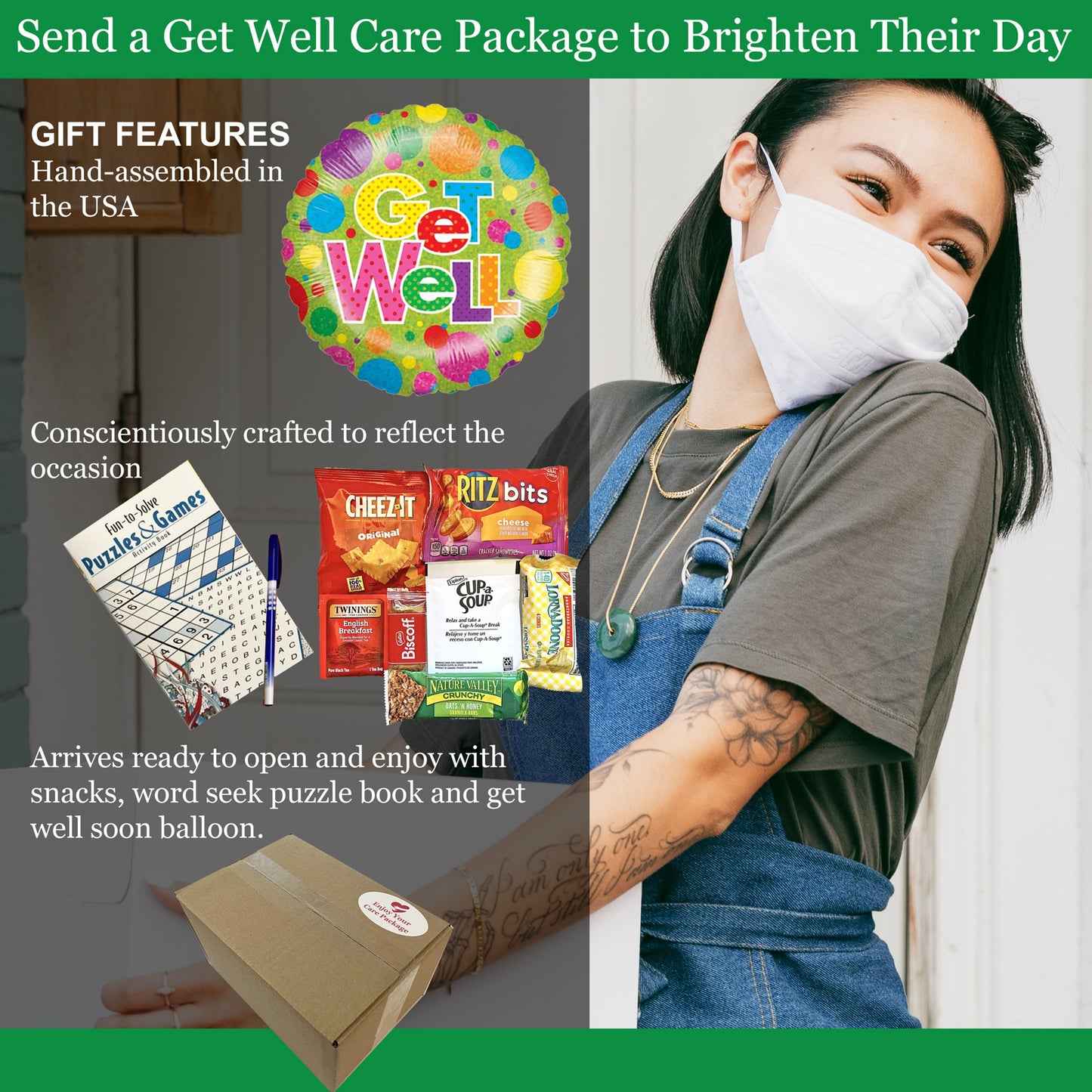 Get Well Soon Care Package Gift Delivery for Him and Her with Soup, Puzzle Book, Get Well Soon Balloon, and Snacks Care Package for Sick Friend, After Surgery, Cancer Unisex Design for Men and Women