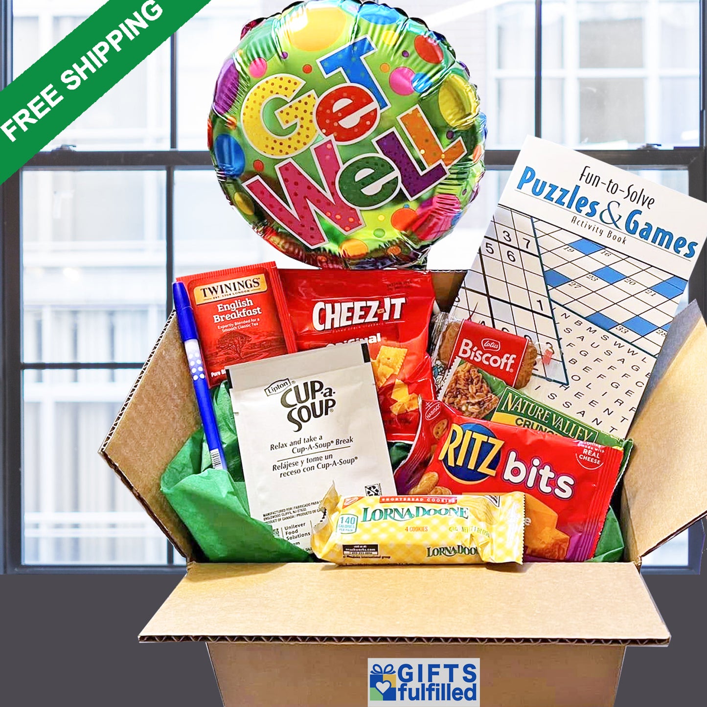 Get Well Soon Care Package Gift Delivery for Him and Her with Soup, Puzzle Book, Get Well Soon Balloon, and Snacks Care Package for Sick Friend, After Surgery, Cancer Unisex Design for Men and Women