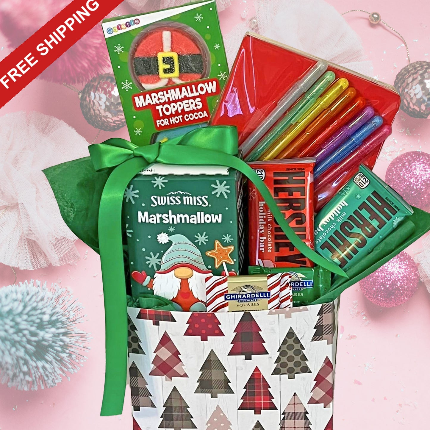 Happy Holidays Gift Box with Journal, Pens, Chocolate, Hot Cocoa and Marshmallows for Men and Women, Teens to Adult