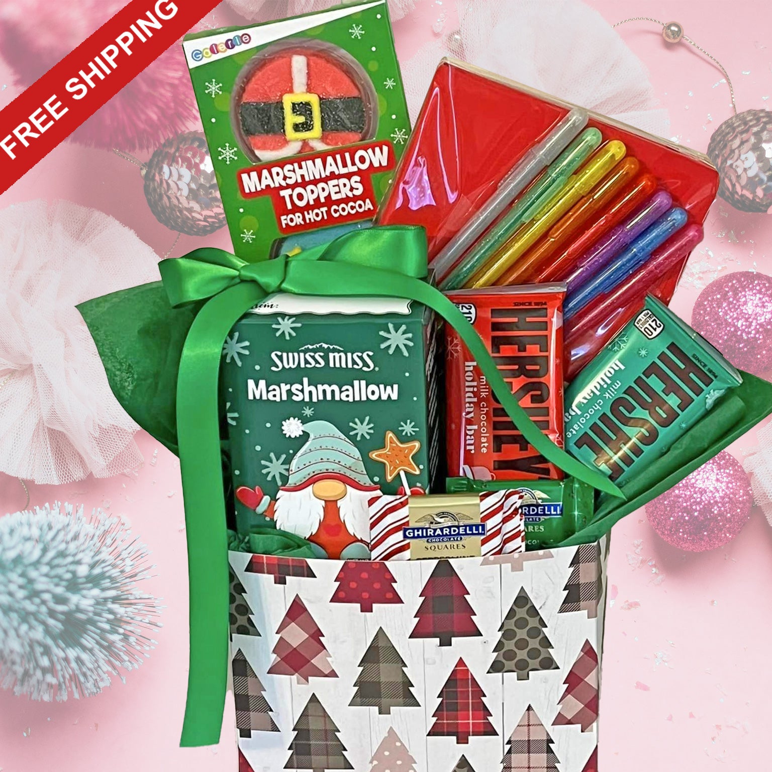 Happy Holidays Gift Box with Journal, Pens, Chocolate, Hot Cocoa and Marshmallows for Men and Women, Teens to Adult