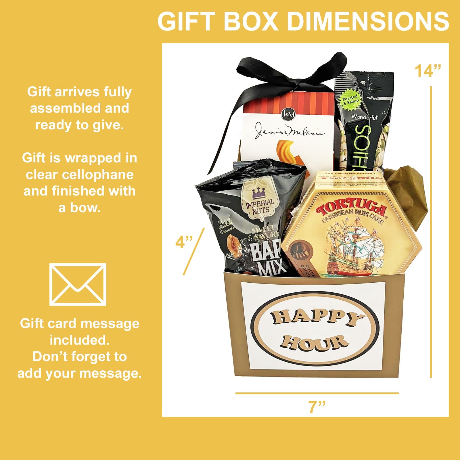 Happy Hour Snacks Gift Box with Rum Cake, Pretzels, Bar Mix and Nuts It's Time to Celebrate