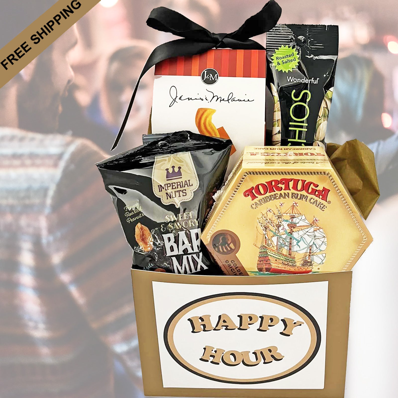 Happy Hour Snacks Gift Box with Rum Cake, Pretzels, Bar Mix and Nuts It's Time to Celebrate