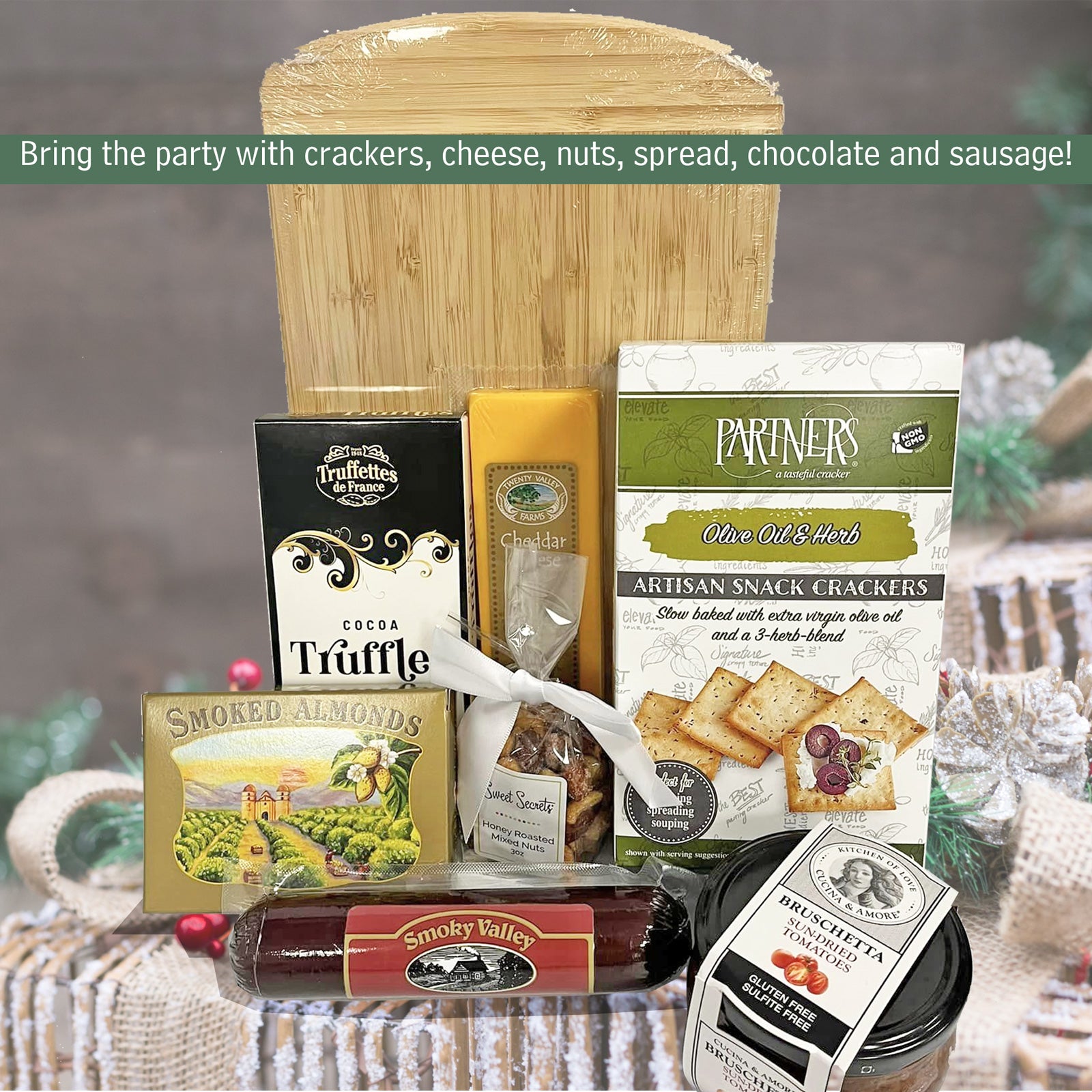 Welcome to the Party with Cheese, Sausage, Crackers, Nuts and Chocolates Gift Tray for Any Occasion 