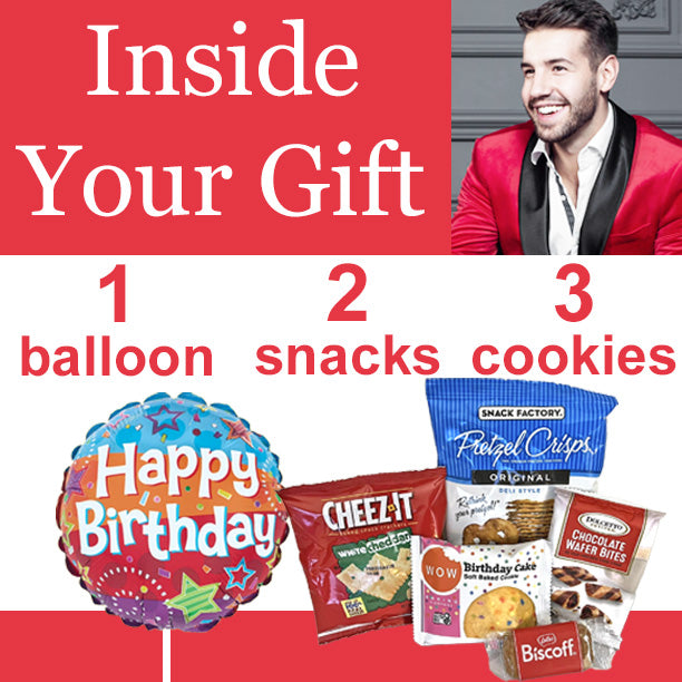 Birthday Gift Box with Cookies, Snacks, Happy Birthday Balloon for Men, Women, All Ages Unisex Birthday Gift Box with Treats for Him or Her, Boys and Girls on their Birthday