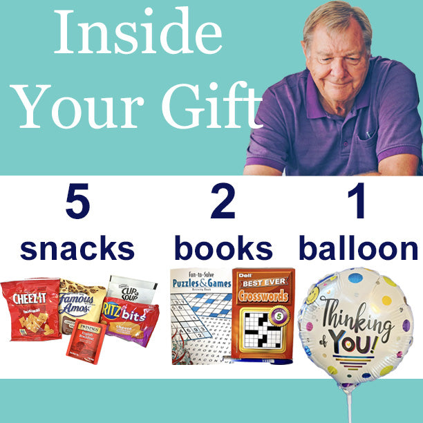 Snacks and Soup Gift Basket for Men & Women - Comforting Food and Puzzle Books Gift Baskets with Crossword and Word Seek Puzzle Books plus Snacks, Soup, Tea, Balloon - Care Packages Assembled in USA