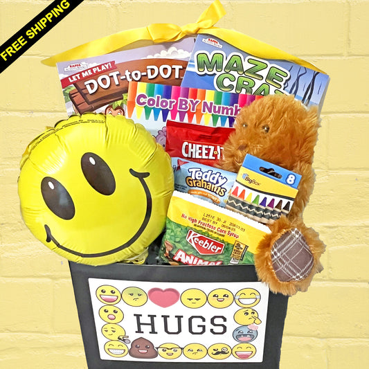 Kids Activities Gift Box for Boys and Girls Ages 3 to 10 with Activity Books, Snacks, Teddy Bear and Balloon for Birthday, Get Well, Thinking of You Gift Occasions