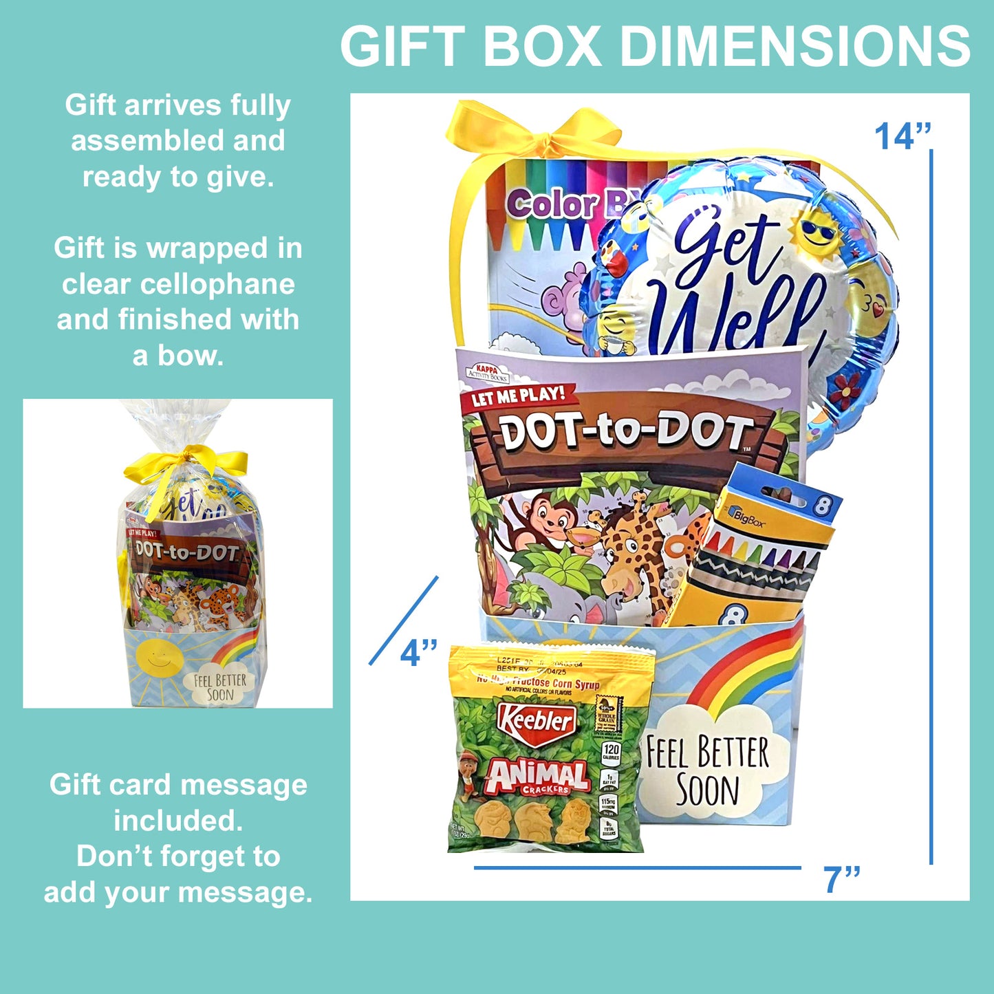 Kids Feel Better Gift Box for Boys and Girls Ages 3 to 10 with Activity Books, Snacks and Balloon for After Surgery, Sick at Home, Get Well Soon