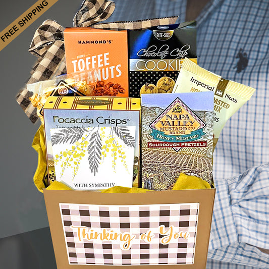 Men's Sympathy Gift Box for Sending Condolences on the Loss of a Loved One a Gourmet Gift for Men with Nuts, Cookies and Snacks to Deliver Support to Men who are Grieving