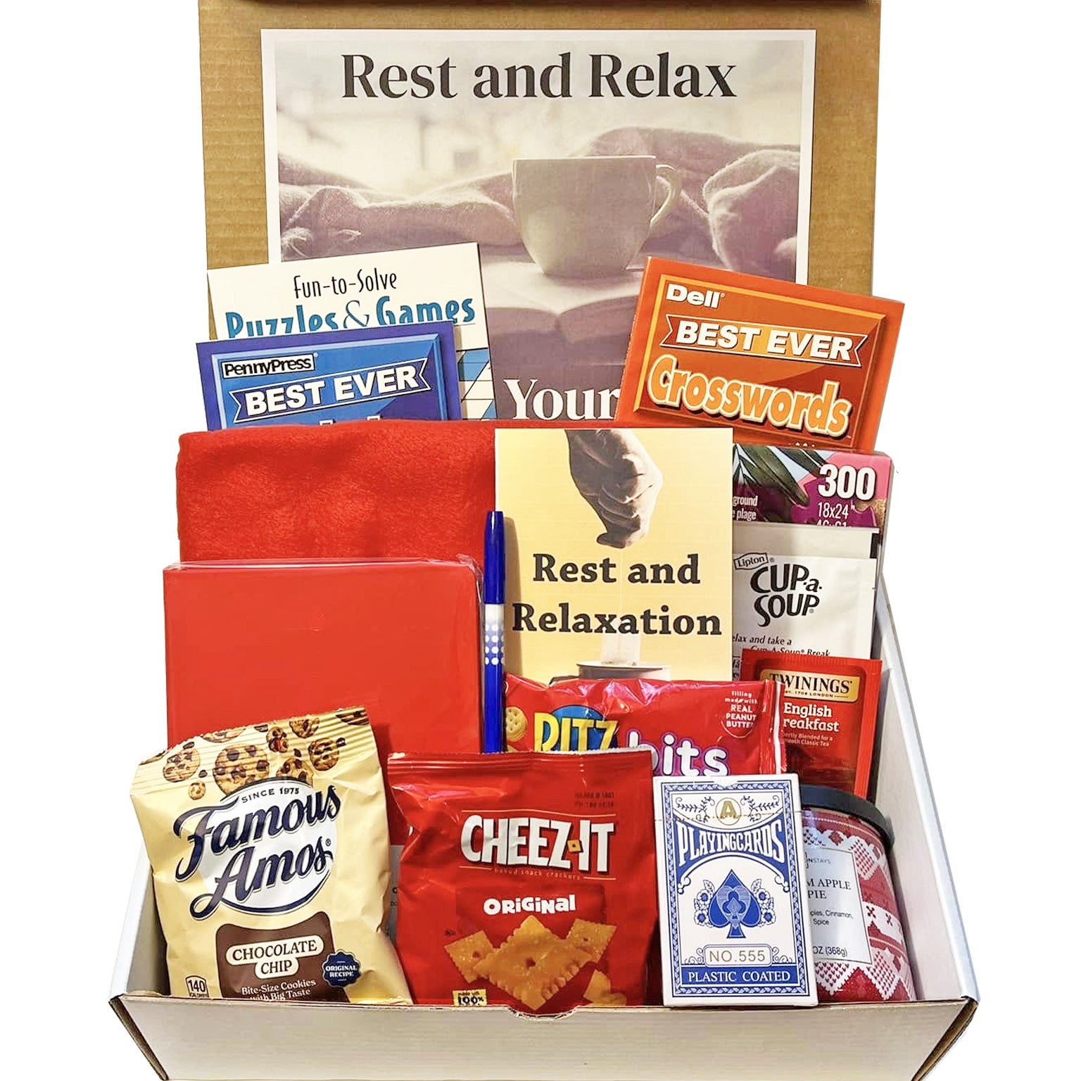 Rest and Relaxation Gift Box Collection with Puzzle Books, Snacks, Blanket and More