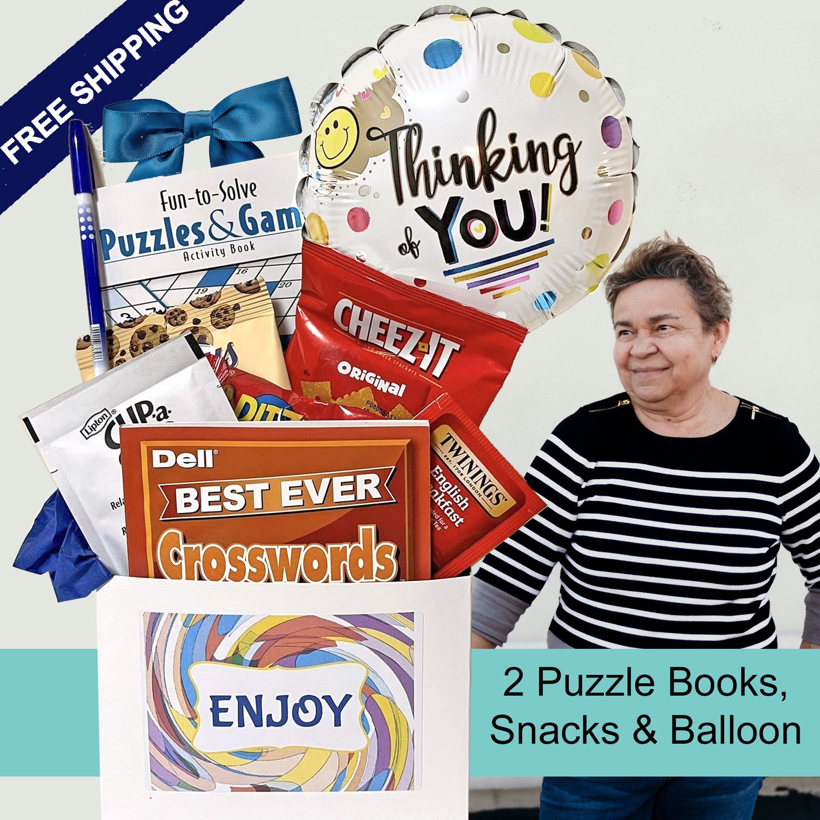 Snacks and Soup Gift Basket for Men & Women - Comforting Food and Puzzle Books Gift Baskets with Crossword and Word Seek Puzzle Books plus Snacks, Soup, Tea, Balloon - Care Packages Assembled in USA