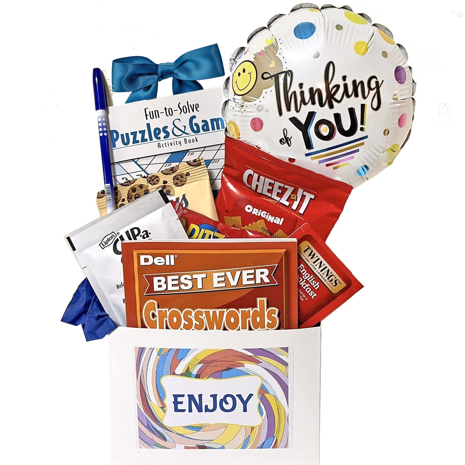 Snacks & Soup Gift Basket for Men & Women - Comforting Food and Puzzle Books Gift Baskets with Crossword and Word Seek Puzzle Books plus Snacks, Soup, Tea, Balloon