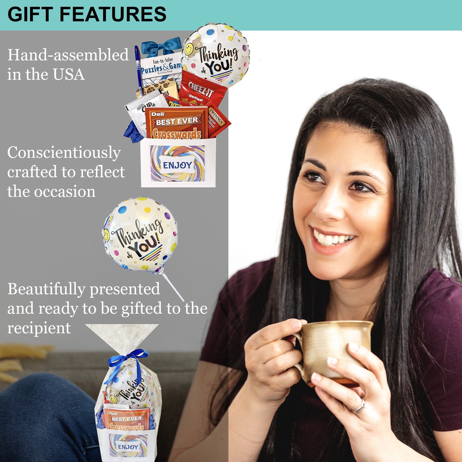 Snacks and Soup Gift Basket for Men & Women - Comforting Food and Puzzle Books Gift Baskets with Crossword and Word Seek Puzzle Books plus Snacks, Soup, Tea, Balloon - Care Packages Assembled in USA