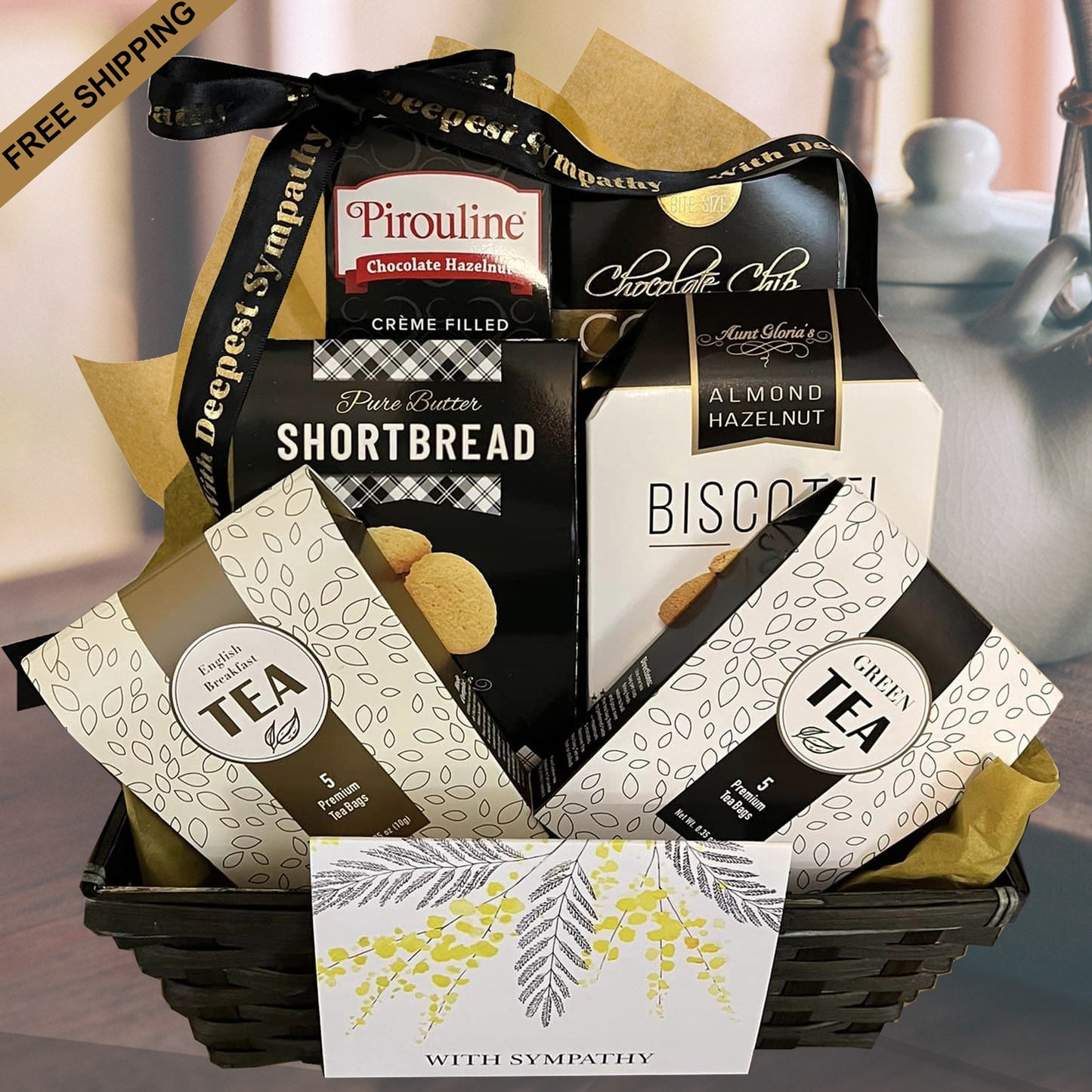 Tea and Sympathy Gourmet Gift Basket for Loss with Biscotti, Shortbread, Wafers, Cookies, Tea and Sympathy Card to Send Condolences