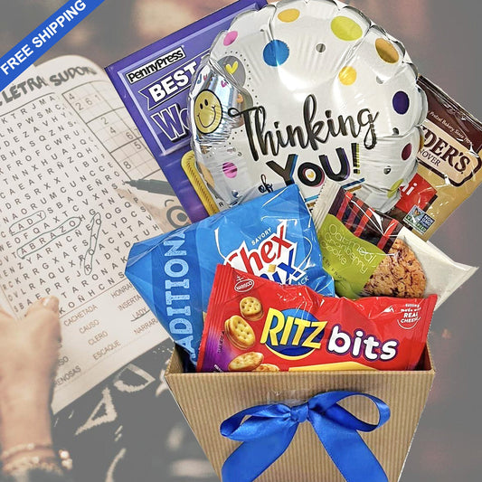 Thinking of You Gift Box with Word Search and Snacks for Mom on Mother's Day